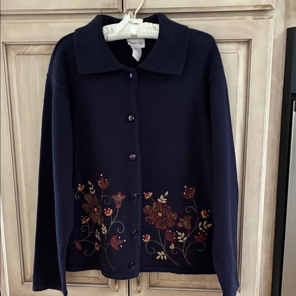 Crystal-Kobe Embroidered Navy Cardigan Sweater Sz L vintage